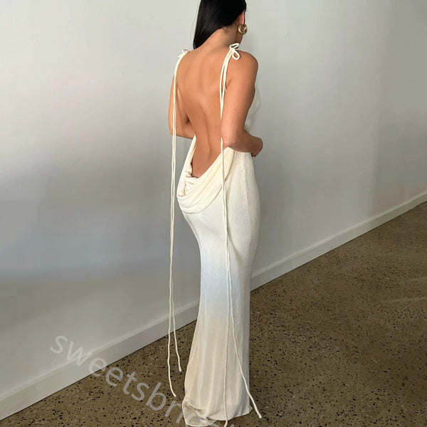 Ivory Jewel Sleeveless Open Back Mermaid Floor Length Prom Dress,SWS2389