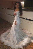Sexy Off Shoulder Long Sleeves Feathered Mermaid  Long Prom Dress,SWS2147