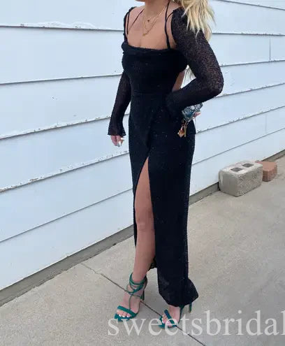 Black Halter Long Sleeves Side Slit Mermaid Long Prom Dress,SWS2440