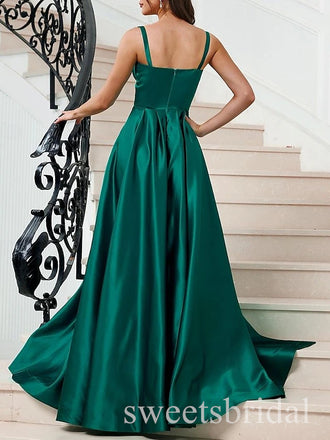 Emerald Sleeveless Side Slit A-line Long Prom Dress,SWS2497