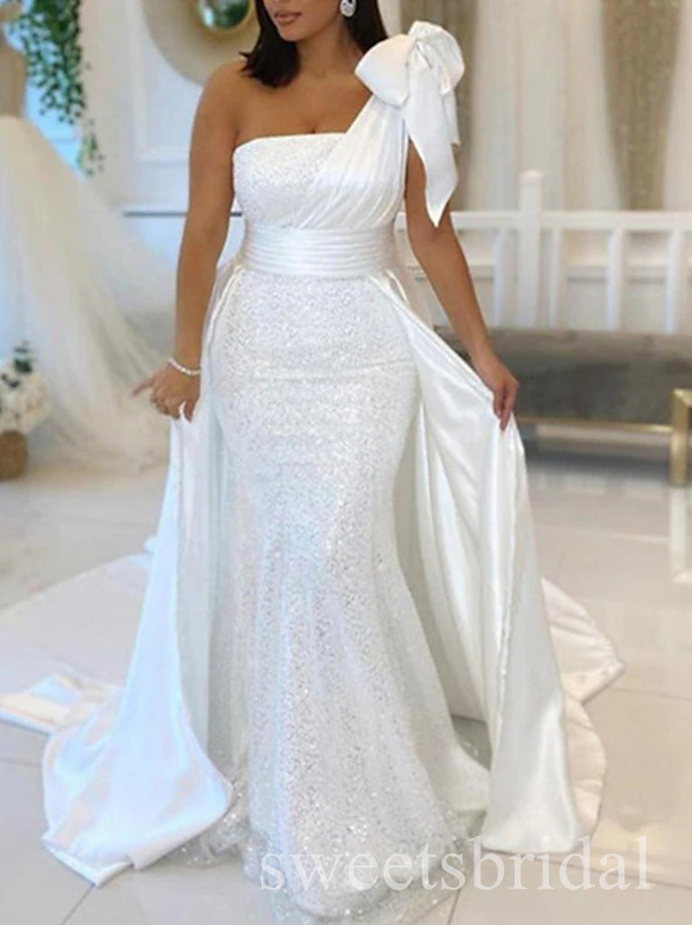 White Sparkly One Shoulder Sleeveless Mermaid Long Prom Dress,SWS2498