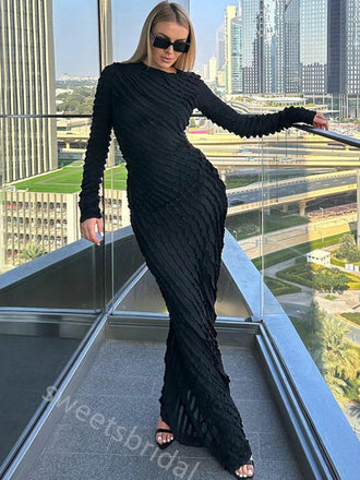 Black Ruffle Long Sleeves Mermaid Floor Length Prom Dress,SWS2382