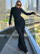 Black Ruffle Long Sleeves Mermaid Floor Length Prom Dress,SWS2382