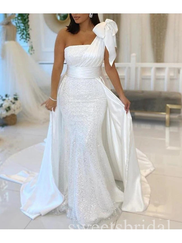 White Sparkly One Shoulder Sleeveless Mermaid Long Prom Dress,SWS2498