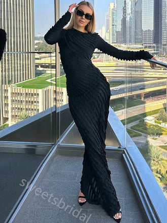 Black Ruffle Long Sleeves Mermaid Floor Length Prom Dress,SWS2382