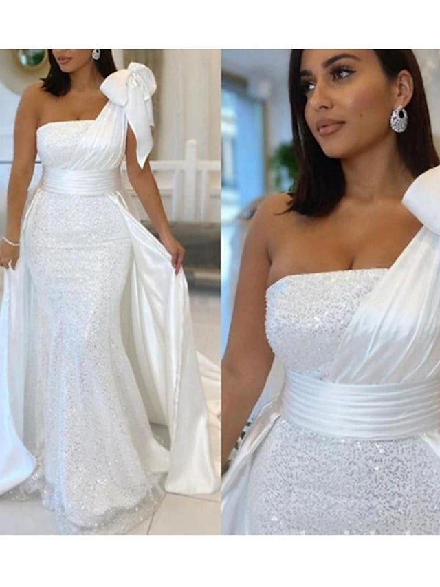 White Sparkly One Shoulder Sleeveless Mermaid Long Prom Dress,SWS2498