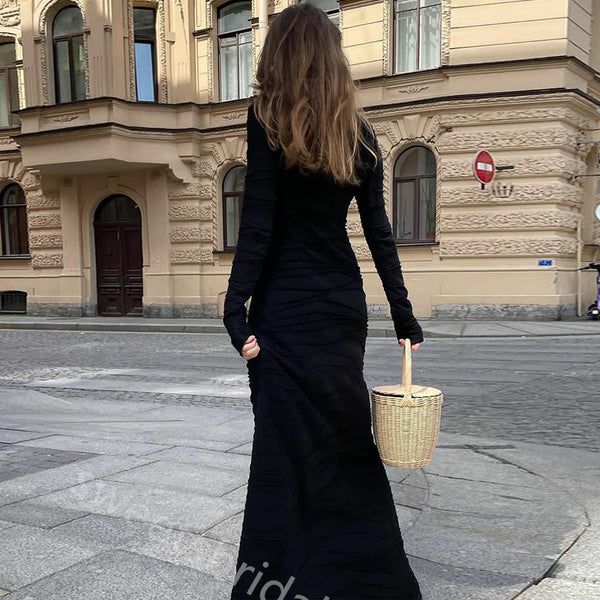 Black Ruffle Long Sleeves Mermaid Floor Length Prom Dress,SWS2382