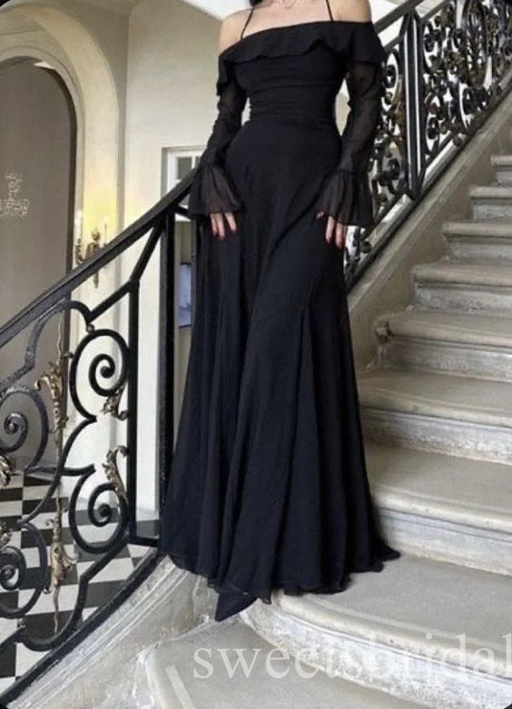 Black Ruffles Long Sleeves Off Shoulder A-line Long Prom Dress,SWS2474