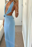 Blue Halter Deep V-neck Sleeveless Mermaid Floor Length Prom Dress,SWS2381