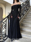 Black Ruffles Long Sleeves Off Shoulder A-line Long Prom Dress,SWS2474