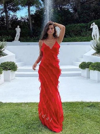 Sexy V-neck Sleeveless Ruffle Mermaid Long Prom Dress,SWS2045