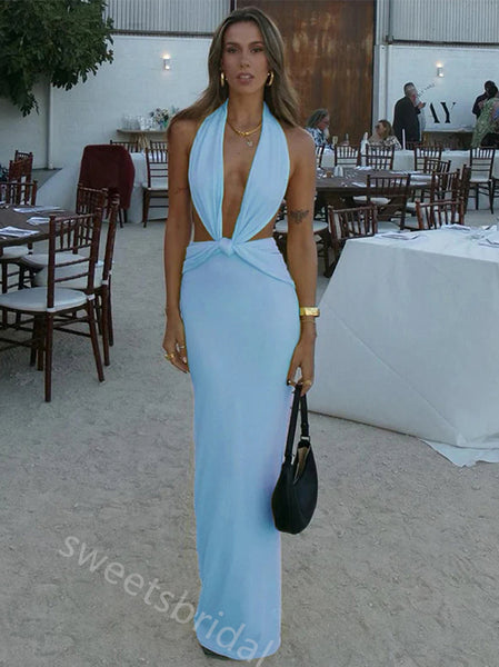 Blue Halter Deep V-neck Sleeveless Mermaid Floor Length Prom Dress,SWS2381