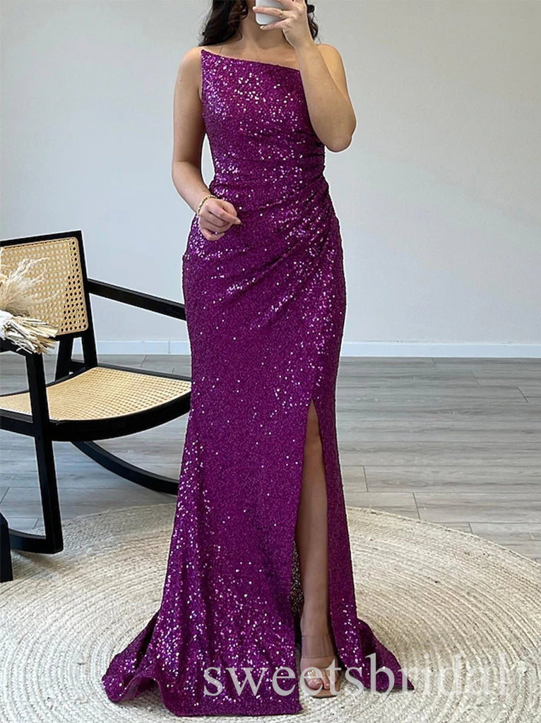 Purple Shiny Sleeveless Side Slit Mermaid Long Prom Dress,SWS2500