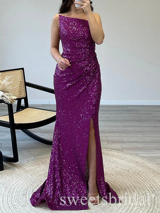 Purple Shiny Sleeveless Side Slit Mermaid Long Prom Dress,SWS2500