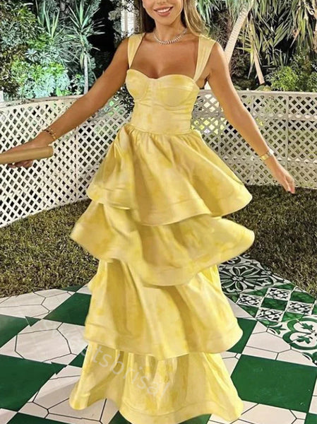 Yellow Sweetheart Sleeveless Ruffle Floor Length Prom Dress,SWS2188