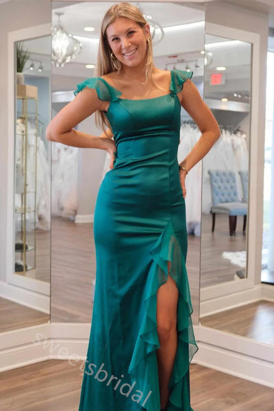 Emerald Ruffle Sleeveless Side Slit Mermaid Floor Length Prom Dress,SWS2378