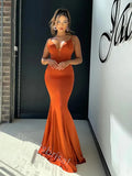 Desert Orange V-neck Sleeveless Mermaid Floor Length Prom Dress,SWS2185