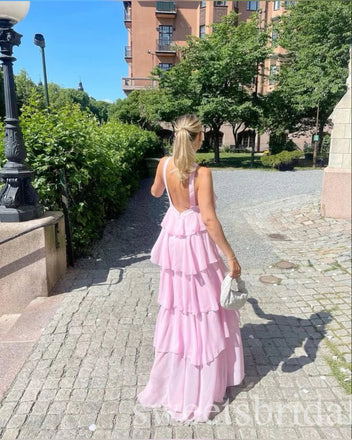 Pink With Ruffles Halter Sleeveless A-line Long Prom Dress,SWS2436