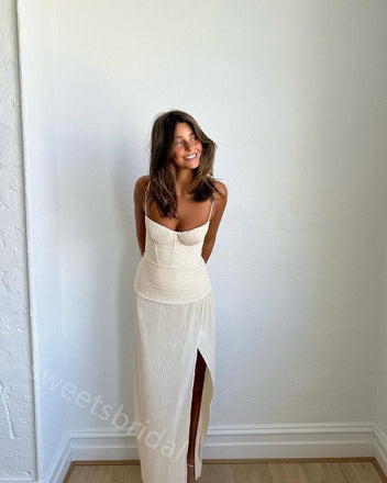 Ivory Spaghetti Straps Side Slit Sheath Floor Length Prom Dress,SWS2310