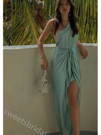 Elegant One Shoulder Sleeveless Side Slit Sheath Long Prom Dress,SWS2324