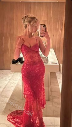 Red Sparkly V-neck Sleeveless Sheath Floor Length  Prom Dress,SWS2293
