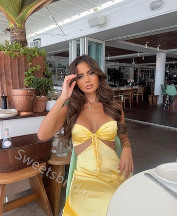 Yellow Sexy Sweetheart Sleeveless A-line Floor Length  Prom Dress,SWS2287