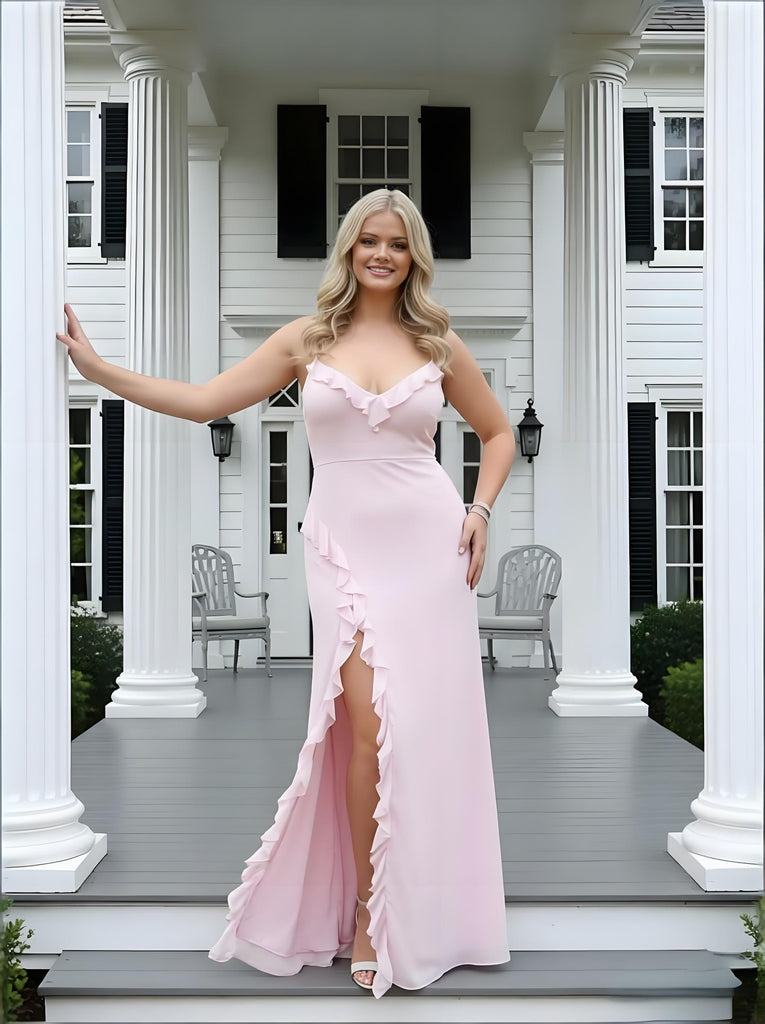 Elegant Ruffles V-Neck Ruffles Side Slit Sheath Long Prom Party Dress,SWS2602