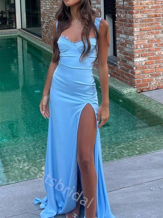 Blue Sweetheart Sleeveless Side Slit Sheath Floor Length Prom Dress,SWS2230