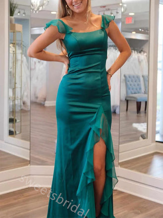 Emerald Ruffle Sleeveless Side Slit Mermaid Floor Length Prom Dress,SWS2378