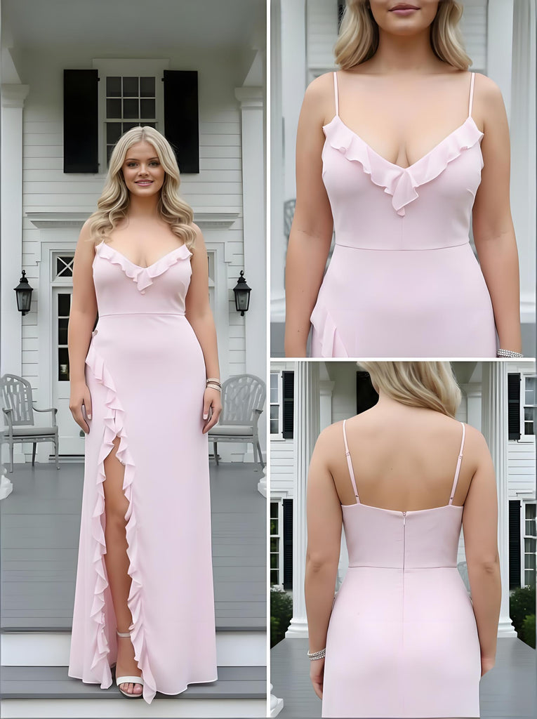 Elegant Ruffles V-Neck Ruffles Side Slit Sheath Long Prom Party Dress,SWS2602