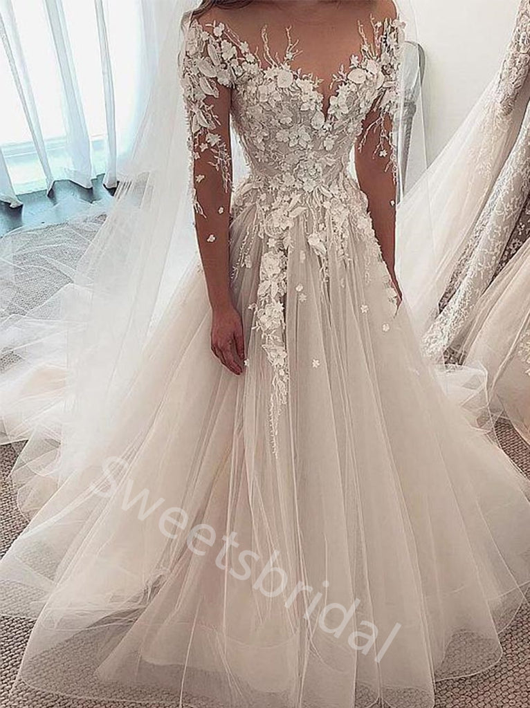 Elegant V-neck Long sleeves A-line Lace applique Wedding Dresses,DB0341