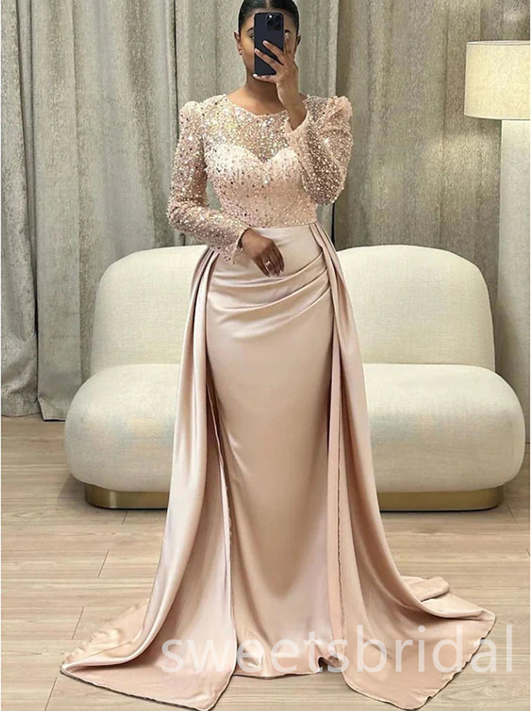 Elegant Long Sleeves  Pleats Mermaid Long Prom Dress,SWS2480