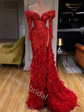 Red Sparkly Off Shoulder Side Slit Mermaid Floor Length  Prom Dress,SWS2279