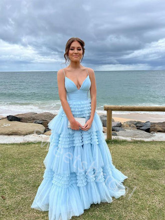 Blue Elegant V-neck Sleeveless A-line Long Prom Dress,SW2022