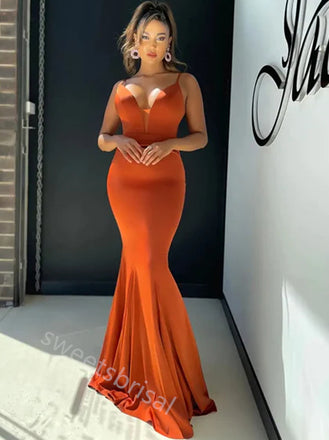 Desert Orange V-neck Sleeveless Mermaid Floor Length Prom Dress,SWS2185
