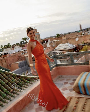 Desert Orange Halter Sleeveless Mermaid Floor Length Prom Dress,SWS2187