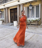Desert Orange Halter Sleeveless Mermaid Floor Length Prom Dress,SWS2187
