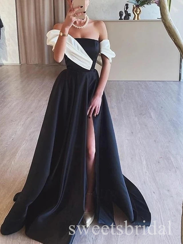 Black Off Shoulder Side Slit Sleeveless Aline Long Prom Dress,SWS2502