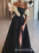 Black Off Shoulder Side Slit Sleeveless Aline Long Prom Dress,SWS2502