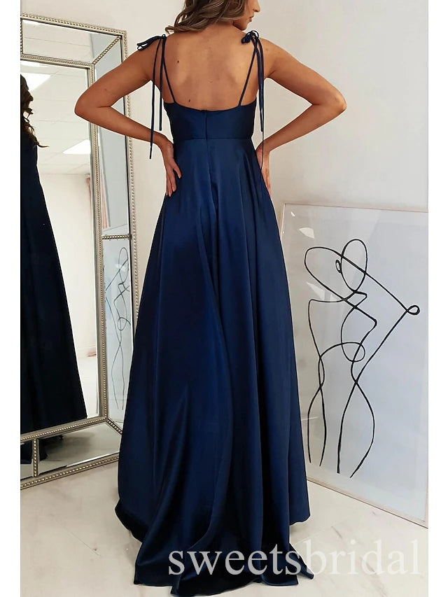 Navy Blue Jewel Side Slit Sleeveless A-line Long Prom Dress,SWS2503