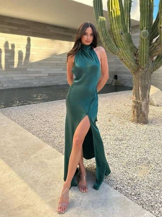 Elegant Halter Sleeveless Side Slit Mermaid Floor Length Prom Dress,SWS2186