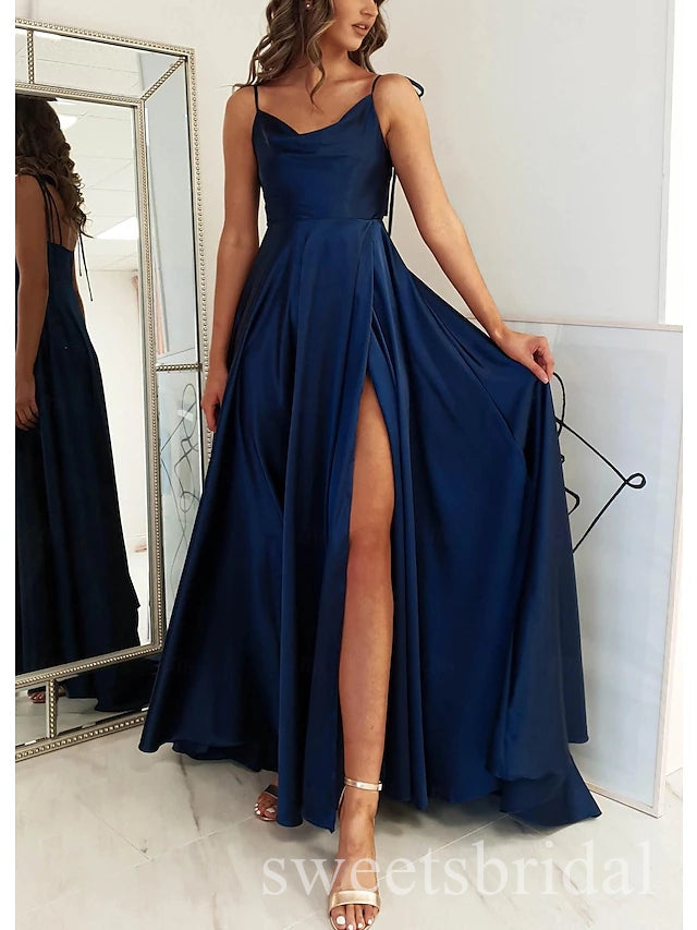 Navy Blue Jewel Side Slit Sleeveless A-line Long Prom Dress,SWS2503