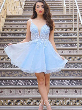 Elegant V-neck Sleeveless A-line Short Mini Homecoming Dress, BTW390