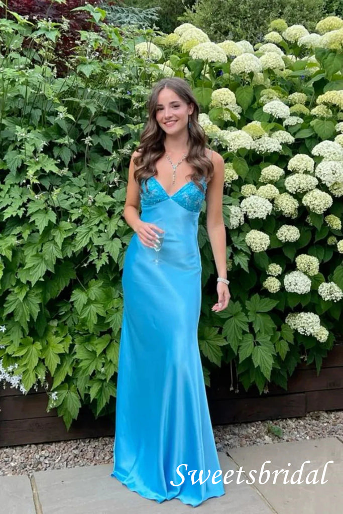 Blue V-neck Spaghetti Straps Sleeveless Mermaid Floor Length Prom Dress,SWS2524