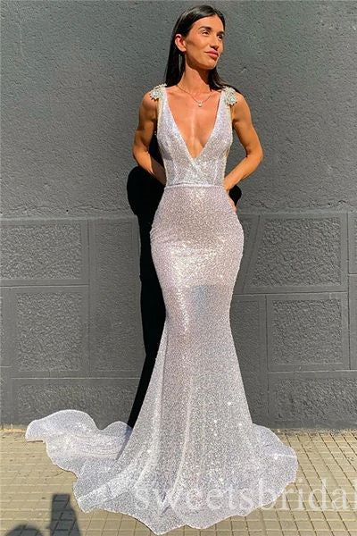 Sparkly V-neck Sleeveless Mermaid Long Prom Dress,SWS2459