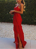 Sexy V-neck Sleeveless Ruffle Mermaid Long Prom Dress,SWS2045