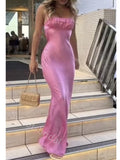 Pink Spaghetti Straps Sleeveless Sheath Floor Length  Prom Dress,SWS2285