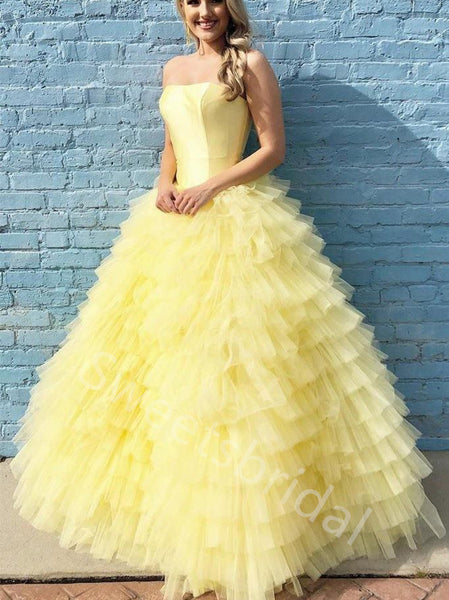 Yellow Elegant Strapless Sleeveless A-line Long Prom Dress,SW2025