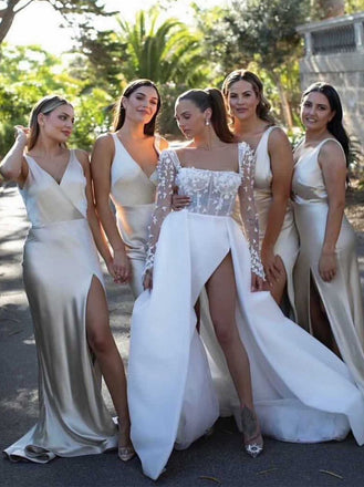 Sexy Sleeveless V-neck Side slit Sheath Long Bridesmaid Dressess, SWE1408