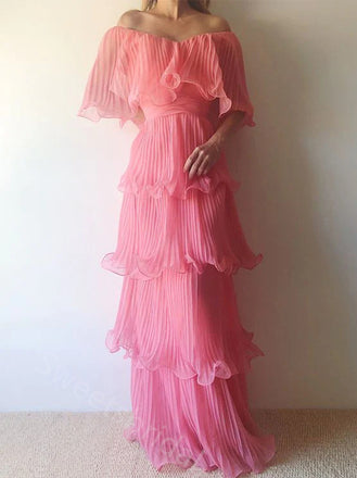 Elegant Off Shoulder Ruffle Sleeveless A-line Long Prom Dress,SWS2132